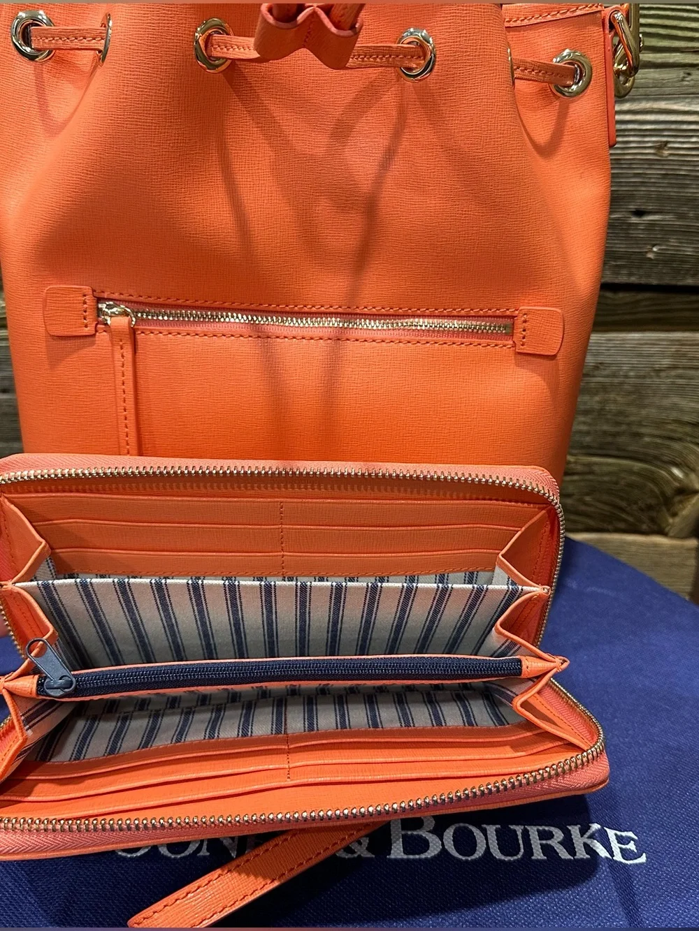 ✨ EUC Dooney & Bourke Saffiano Drawstring Bucket Bag & Matching Wallet Set Coral